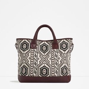 ZARA Tote Bag Aztec Print Boho Ethnic Real Leather Beach Classic Chic